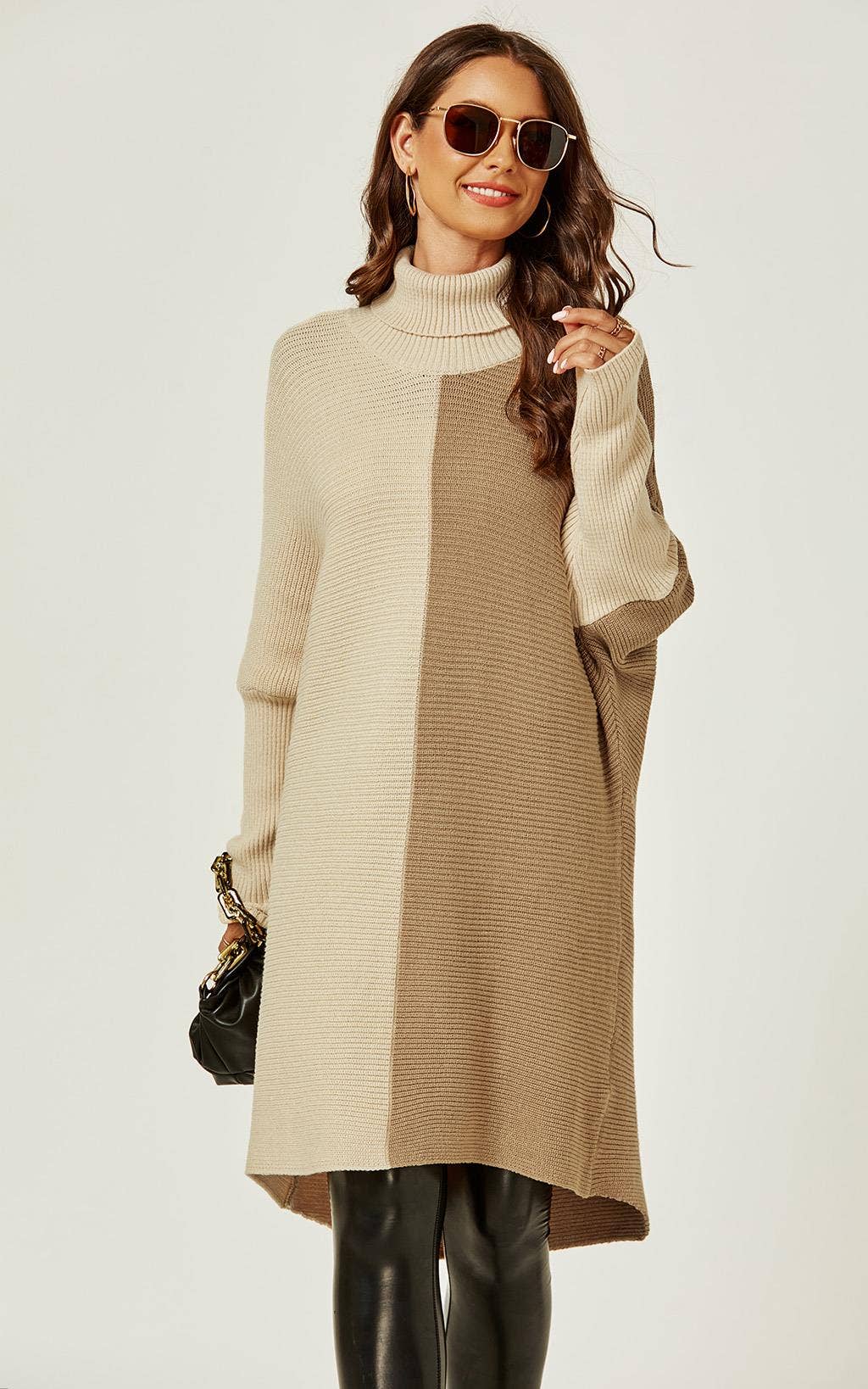 FS Collection (Germany) - Wholesale Tunic Sweater - Women's - High Neck Half Forest Beige & Taupe Block Colour Jumper Top4