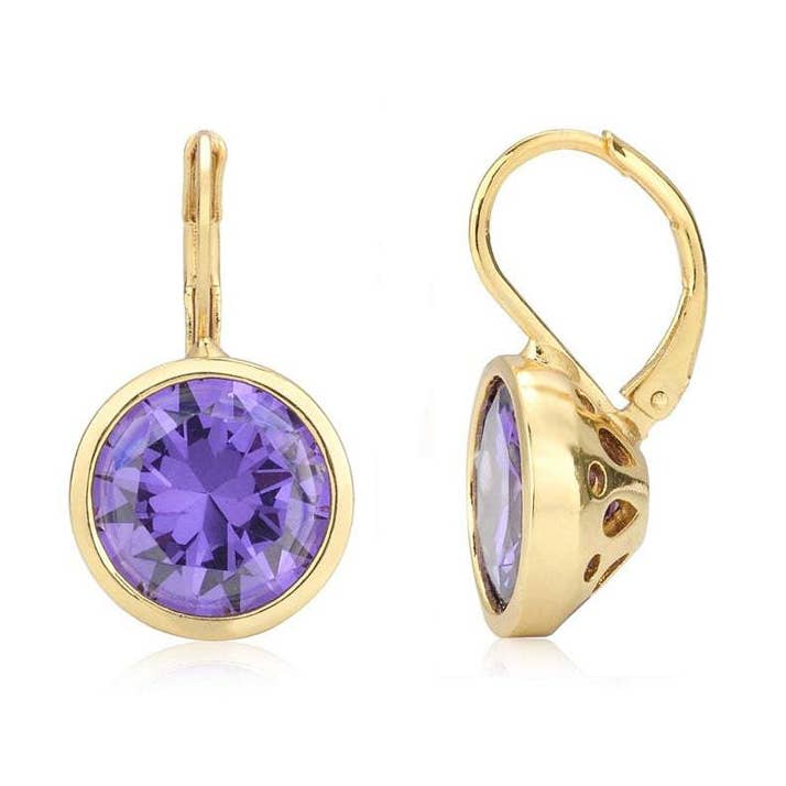 Bonita Bella Ronde Amethist Paarse Cubic Zirconia CZ 18ct Geelgouden Drop/Dangle Oorbellen Bruiloft-Cadeau-Bruids Sieraden voor wholesale door TiaraBleu