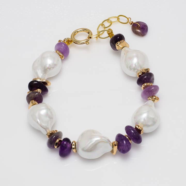 Baroque Pearl & Amethyst Bracelet with Gold Accents for wholesale by So... Silver Jewelry