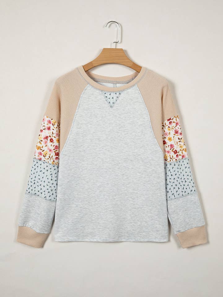 Floral Waffle Knit Patchwork Raglan Long Sleeve Top for wholesale by PRETTY BASH