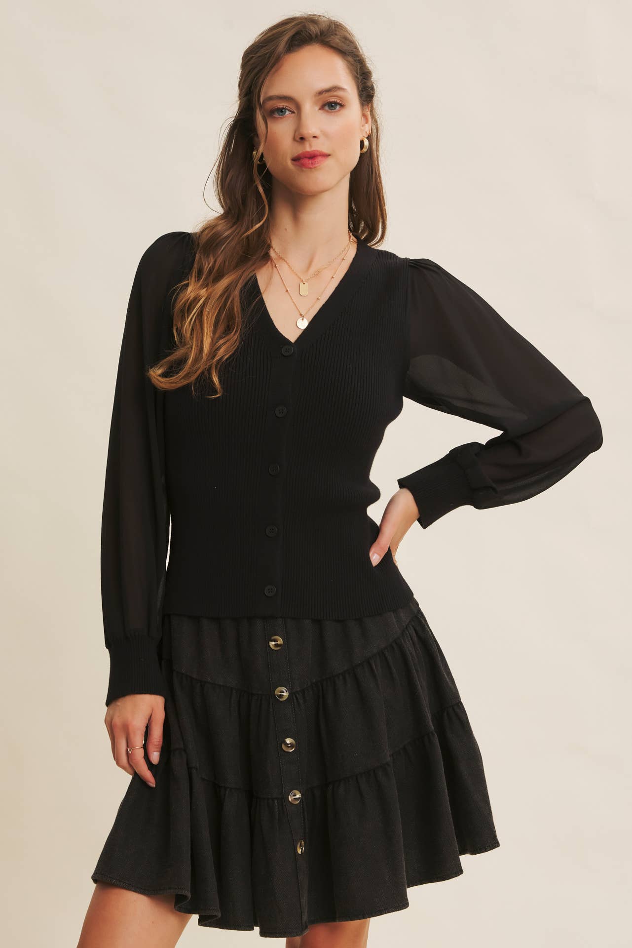in february - Wholesale Cardigan - Women's - FITTED RIB SWEATER CARDIGAN WITH SHEER CHIFFON SLEEVES11