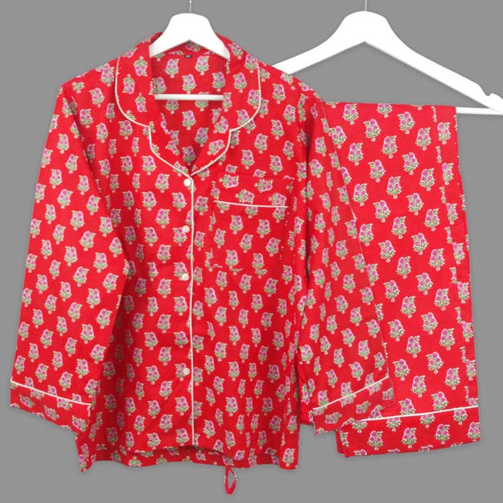 Long Cotton PJ Set With Pouch - Red & Pink Floral for wholesale by Kantha Decor
