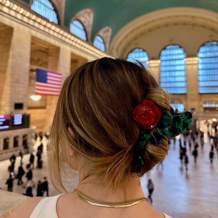 Red Handmade Origami Rose Stem Flower Claw Hair Clip for wholesale on Faire2