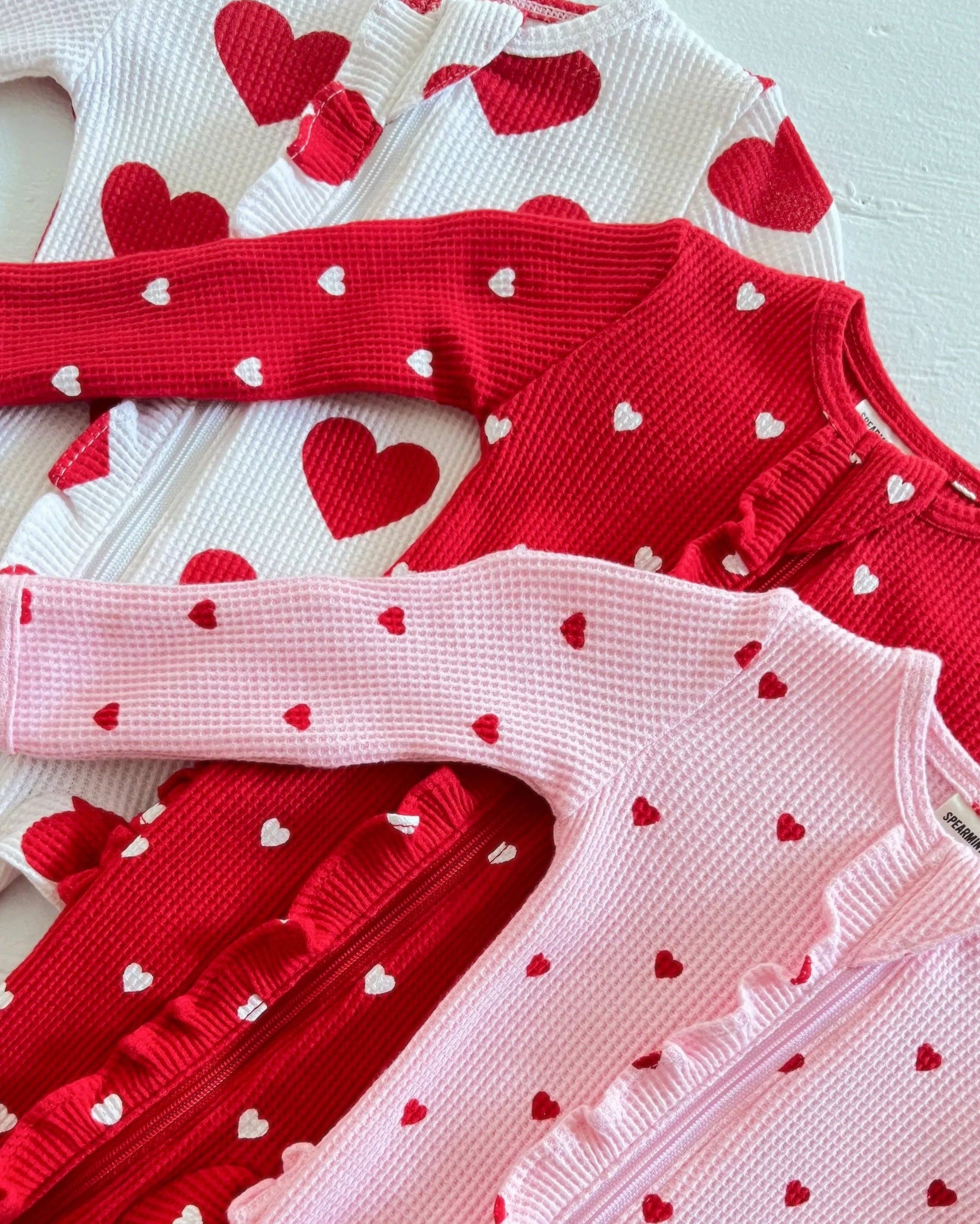 SpearmintLOVE - Wholesale Jumpsuit - Baby - Organic Waffle Ruffle Zip Footie, Little Red Heart (on Pink)3