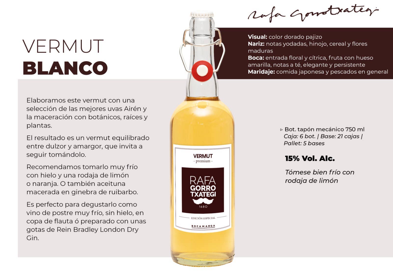 RAFA GORROTXATEGI - Wholesale Non-Alcoholic Aperitif/Mocktail - WHITE VERMOUTH 750 ml.1