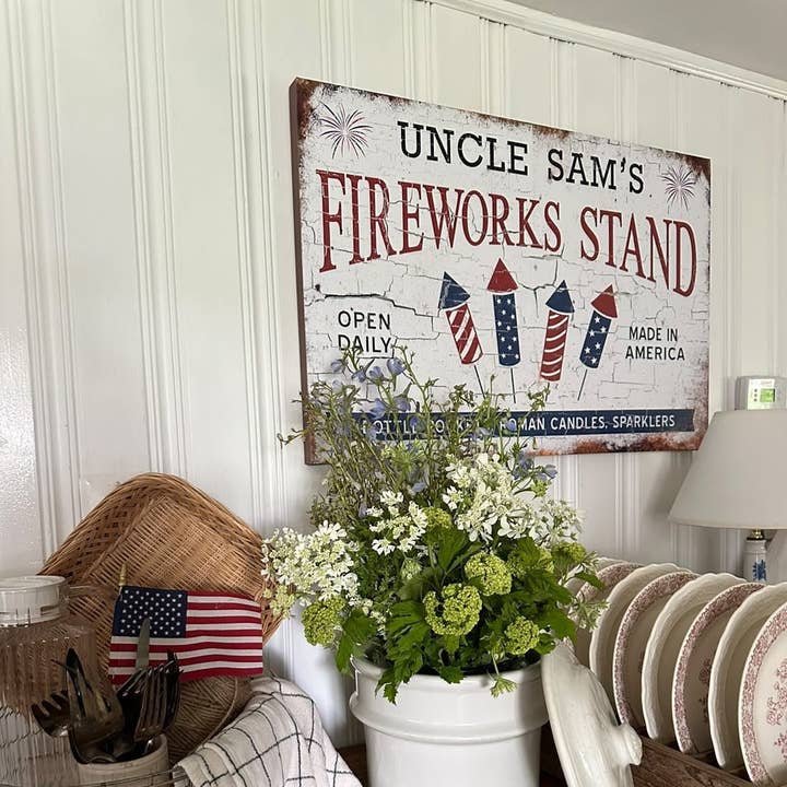 Uncle Sam's Fireworks Vintage Patriotic Canvas Art for wholesale by Olive Branch Farmhouse