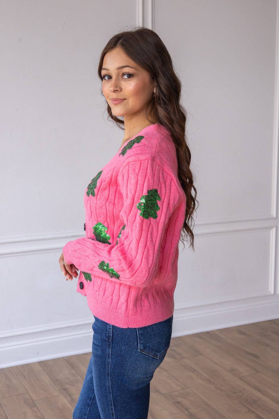 Pink Sequin Trees Cardigan for wholesale on Faire6