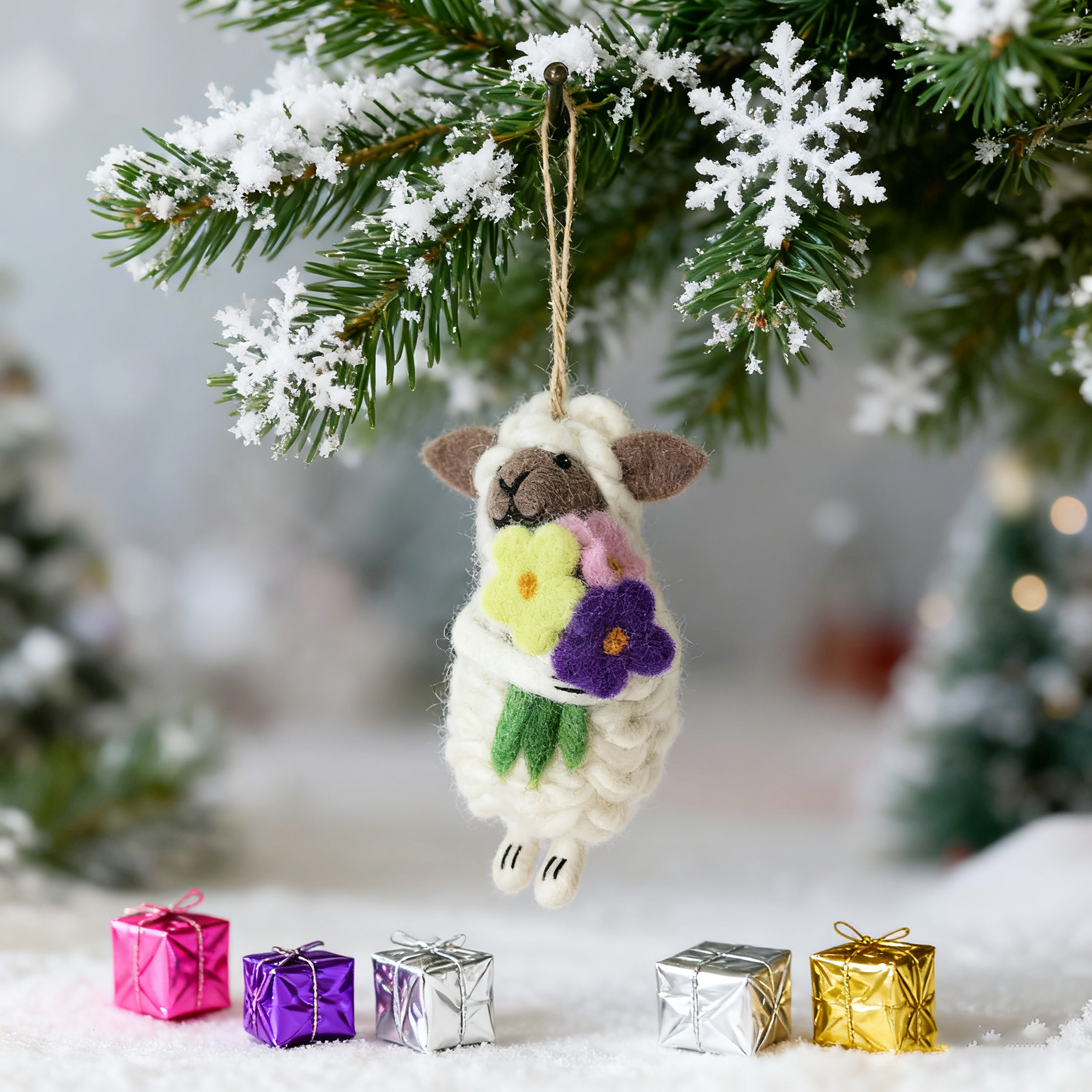 Sparkle Being - Wholesale Ornament - Handmade Wool Felt Sheep Ornament with Flowers3