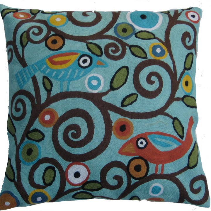 Hand-Embroidered Wool Tree of Life Pillow - 18 Inch for wholesale by Cashmere Crafts Inc