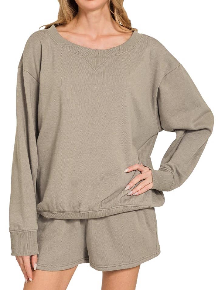 Fleece Boat Neck Sweatshirts And Shorts 2pcs Set for wholesale by Vanilla Monkey