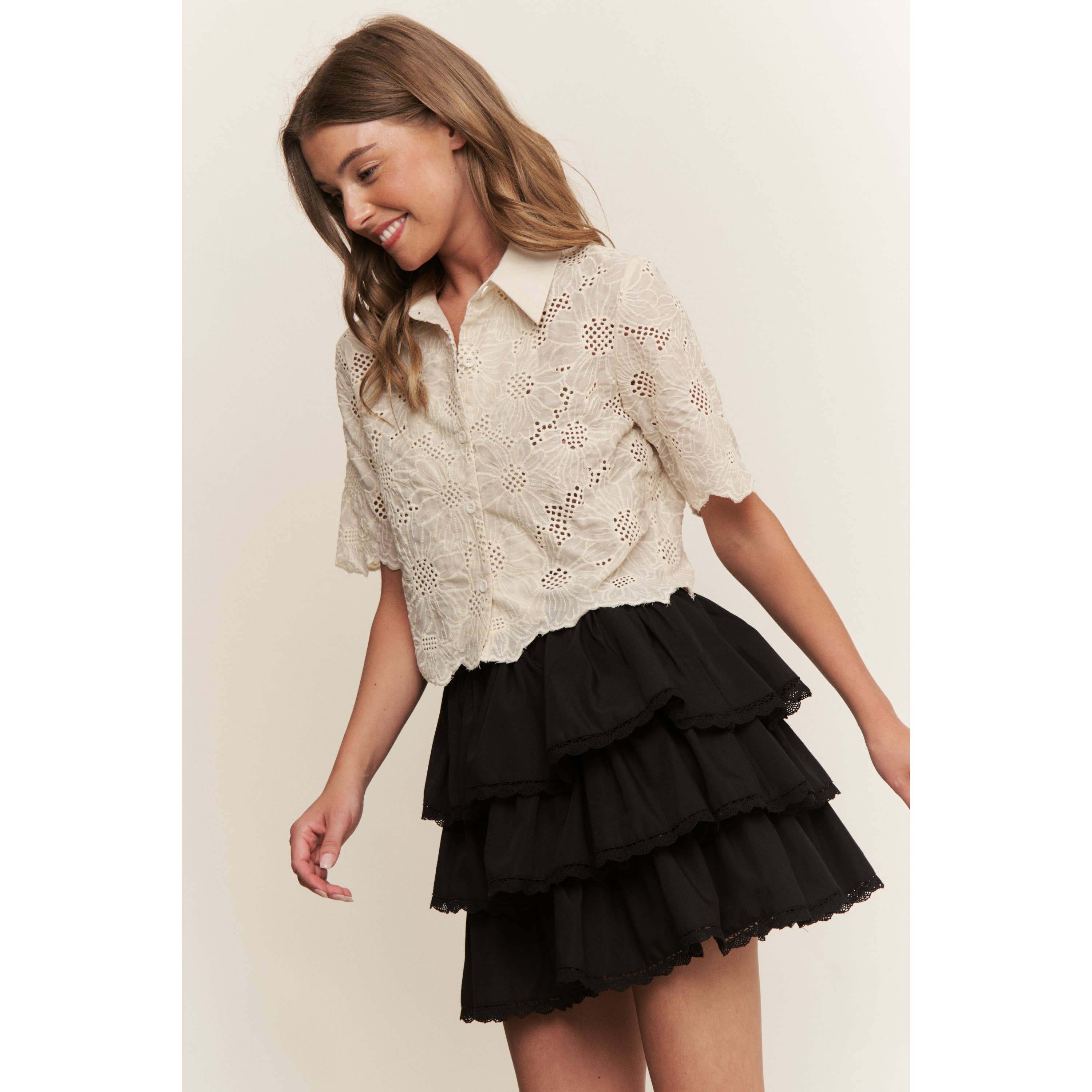 Black WESTERN SOLID MINI TIERED SHIRRING SKIRT SKORT for wholesale on Faire3