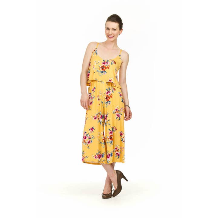 PP03837 YELLO Floral Print Jersey Jumpsuit with Layered Top for wholesale by Papillon