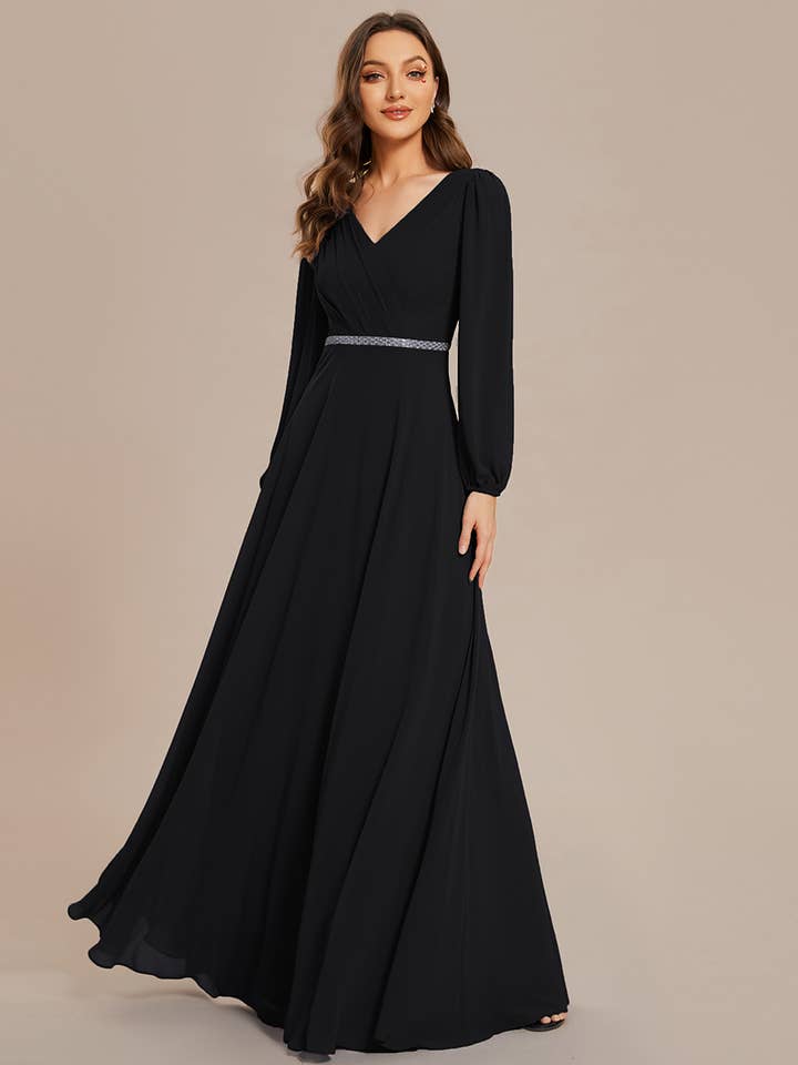 Ever-Pretty - Wholesale Gown - Women's - Elegant waisted chiffon V-neck Long Sleeve guest Dress38