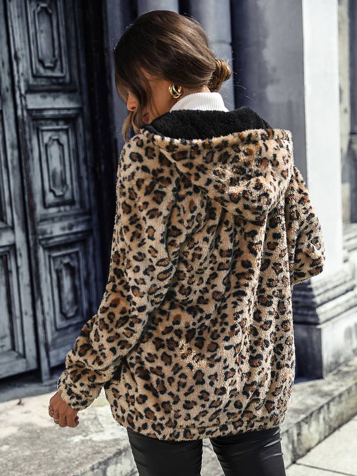 COFFEE LEOPARD PRINT FLEECE LOOSE CASUAL JACKET for wholesale on Faire