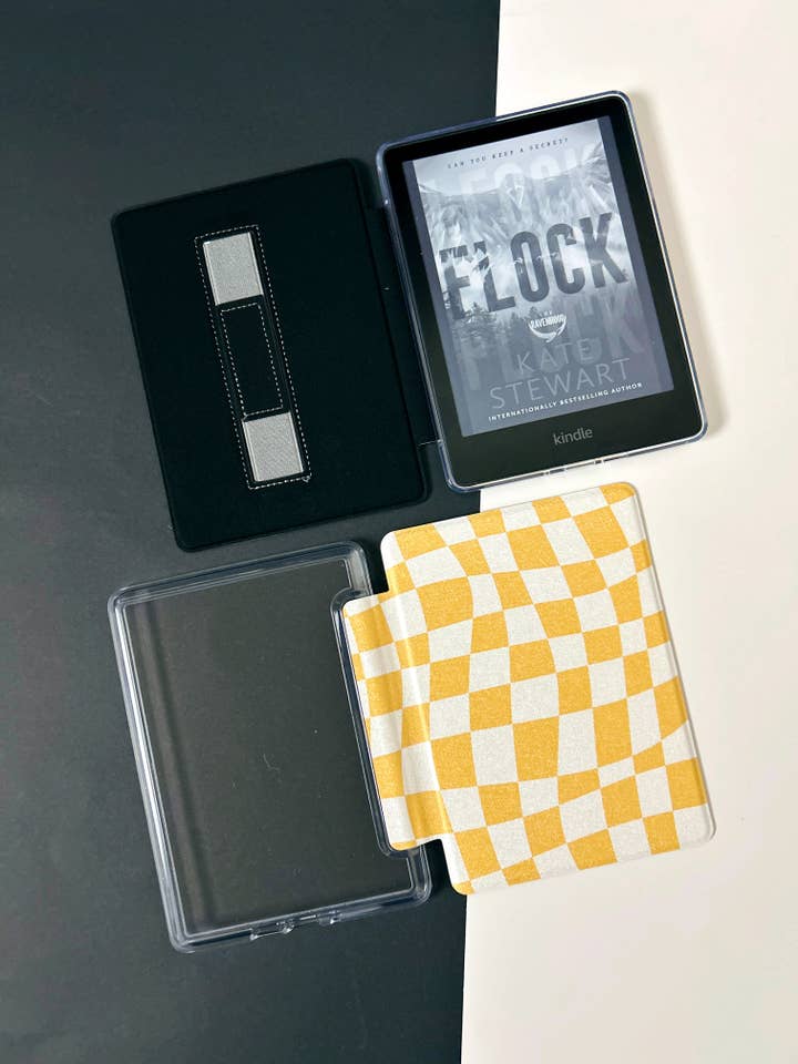 The Best of Both Kindle Case Cover with Clear Back and Cover Strap - Yellow Wave Check - 10th + 11th Gen Paperwhite and Kindle Basic for wholesale by LemonLee