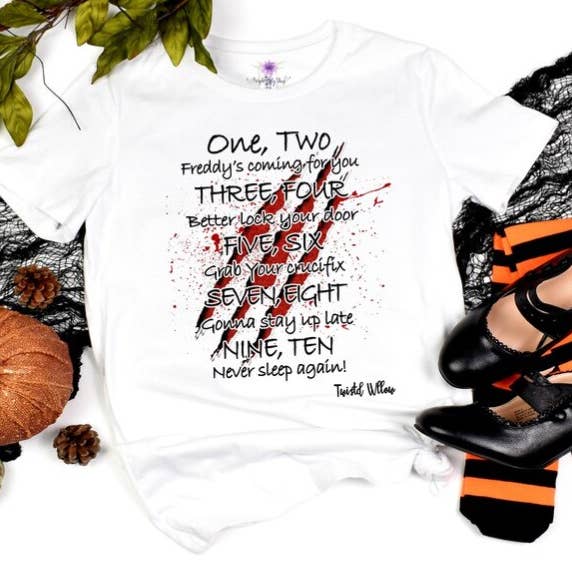 Black Freddy Kruger Lullaby Halloween T Shirt, Horror Film Charact for wholesale on Faire