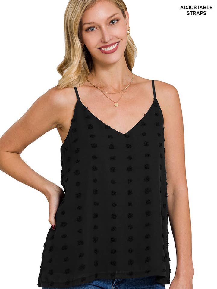 BLACK ",, Baby Swiss dots cami w/ adjustable straps for wholesale on Faire2