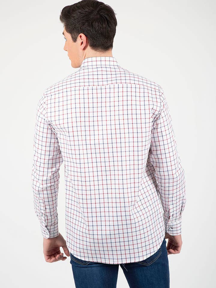 Solera – Camisa de botões - Homem por atacado – Camisa xadrez vermelha Viyela azul marinho