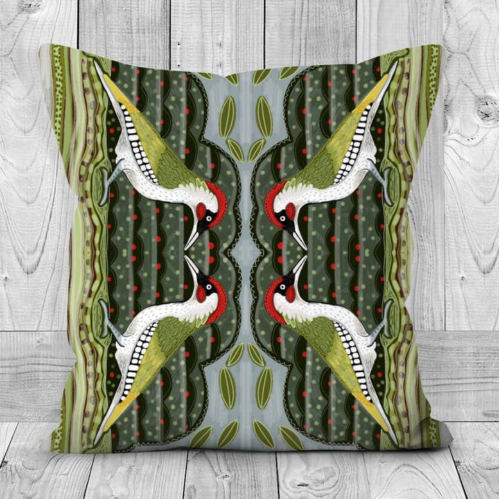 Green woodpecker faux suede cushion. for wholesale by Slumbermonkey Designs
