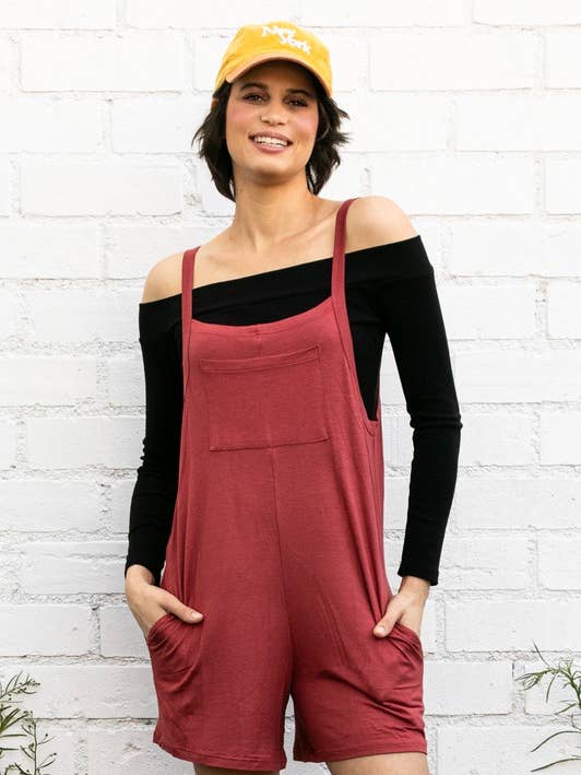 Comfy Pocket Detailed Shortall Romper w Bib and Side Pockets for wholesale by Elloh Collection