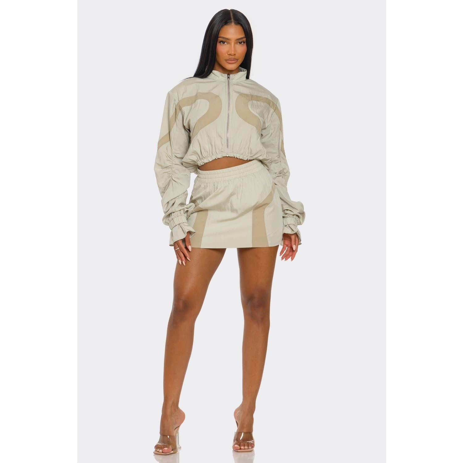 BEIGE Plus Two-tone Nylon Windbreaker Skirt Set for wholesale on Faire2