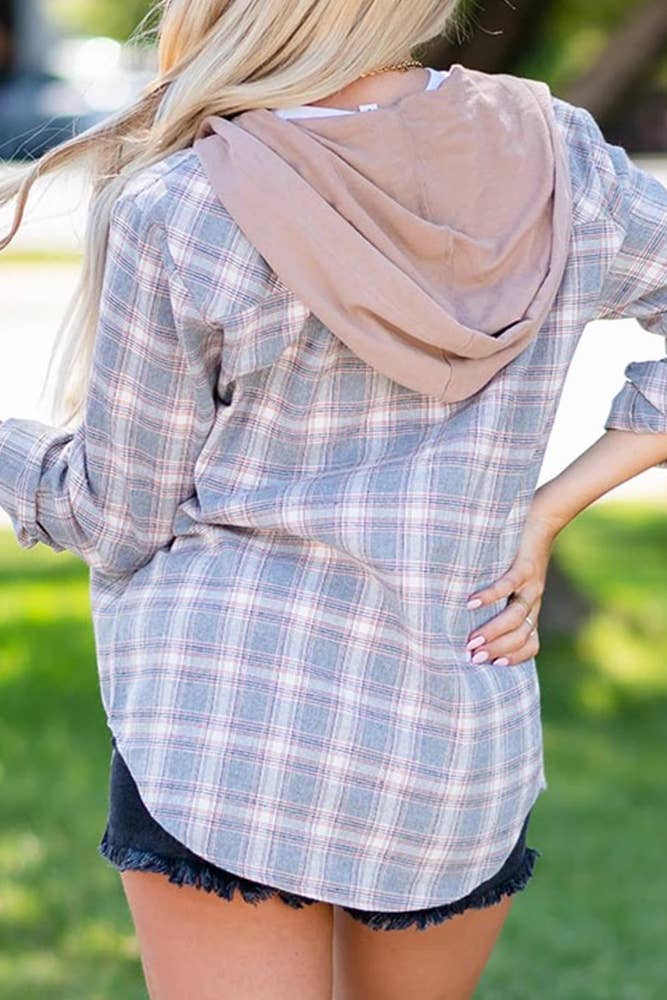 UNISHE – Großhandel Hoodie – Damen – TOPW531 Kariertes Kapuzenhemd mit Knopfverschluss Frauen9