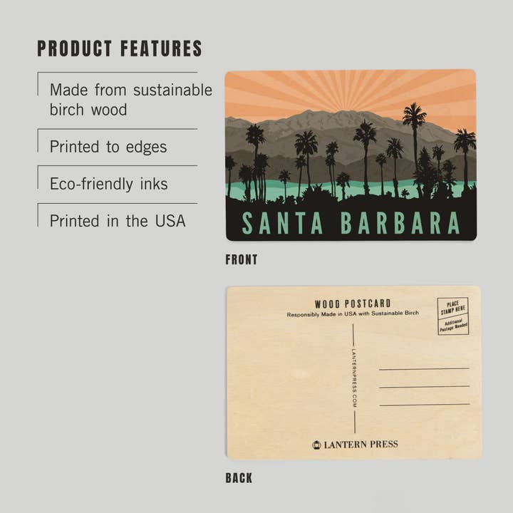 Lantern Press - Vente Cartes postales - CARTE POSTALE EN BOIS Santa Barbara, Californie, Palmiers2