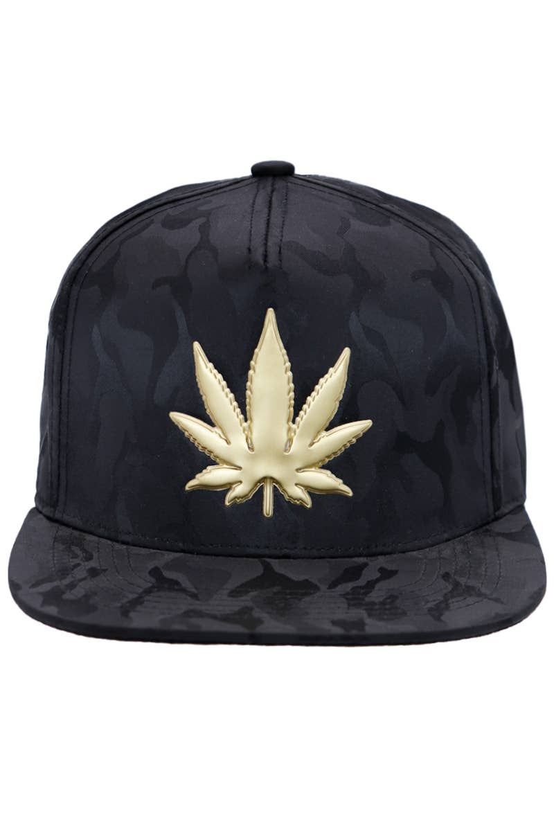 Cap Zone - Wholesale Flat Brim Cap - Men's - Gold Marijuana Leaf Embossed Camo Polyester Fabric Snapback1