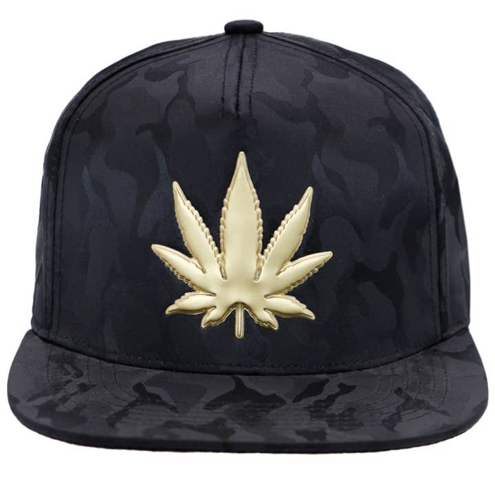 Cap Zone - Wholesale Flat Brim Cap - Men's - Gold Marijuana Leaf Embossed Camo Polyester Fabric Snapback1