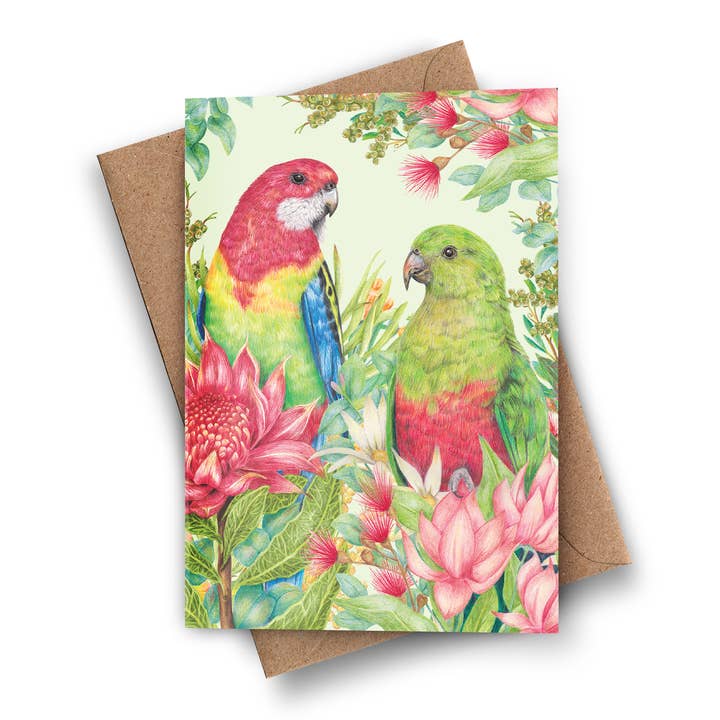 Australian Parrots Greeting Card - Australian Bird Art for wholesale by Kayla Reay Design