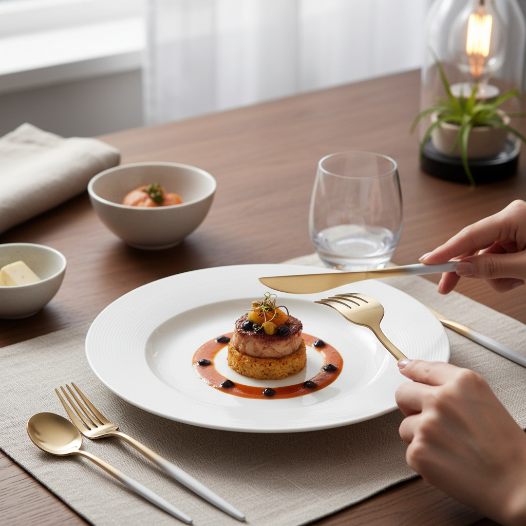 Kadra Kitchenware - Vendita all'ingrosso Set di posate - Vikko Vera Spazzolato Camp. Oro Ombre Manico Bianco 18/101