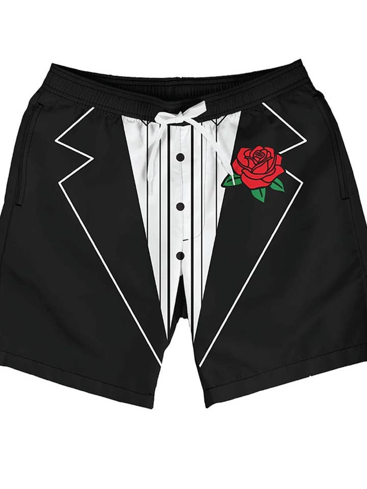 Tuxedo 7.5" Stretch Swim Trunks - Men's Funny Bathing Suit for wholesale by Tipsy Elves