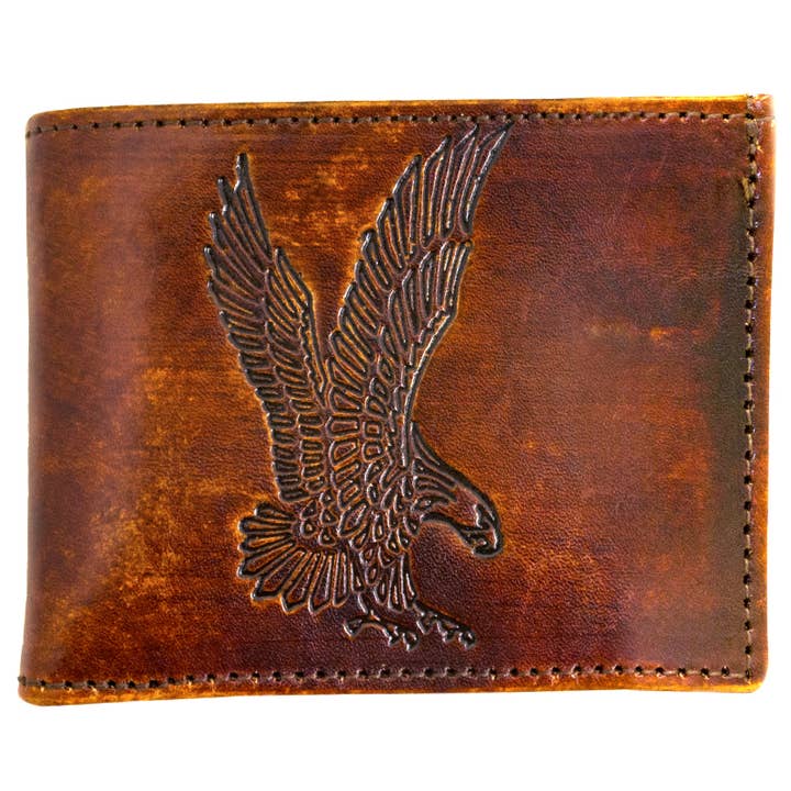 Portafoglio Bifold in Pelle Anticata con Incisione di Aquila, Made in USA per la vendita all'ingrosso da parte di Western Express
