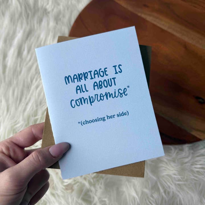 "Marriage is all about compromise*" Funny Blue Wedding Card for wholesale by Big Moods