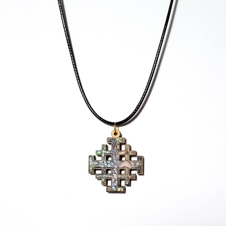 Eclectic Woodchuck - Wholesale Pendant/Charm Necklace - Jerusalem Cross Abalone and Olive Wood Pendant