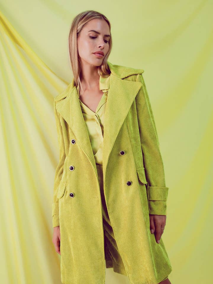Green Longline blazer with vintage buttons in lime cord for wholesale on Faire0