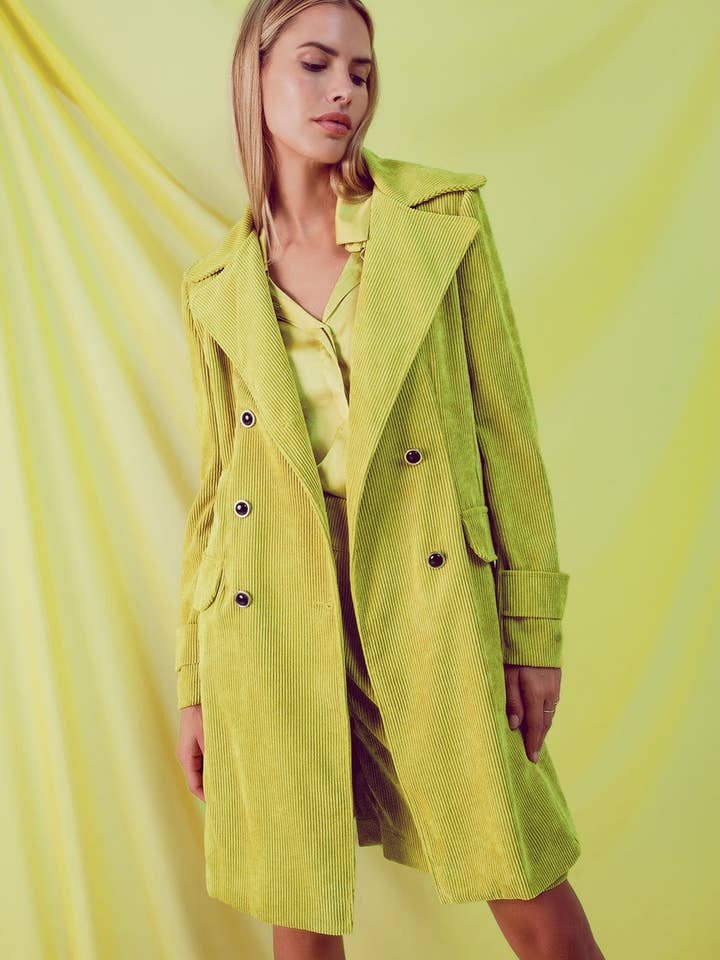 Longline-Blazer mit Vintage-Knöpfen aus Limettenkordel für den Großhandel von Q2—All Orders:Free Duties for the US,UK,and Canada