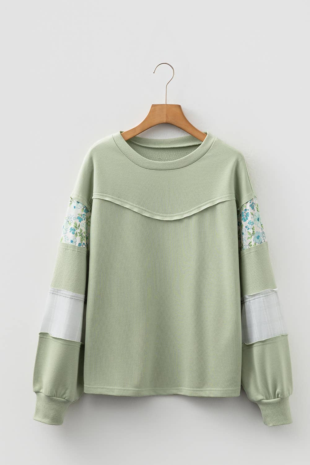 Laurel Green Floral Plaid Mixed Sleeve Raw Edge Relaxed French Terry Top for wholesale on Faire2