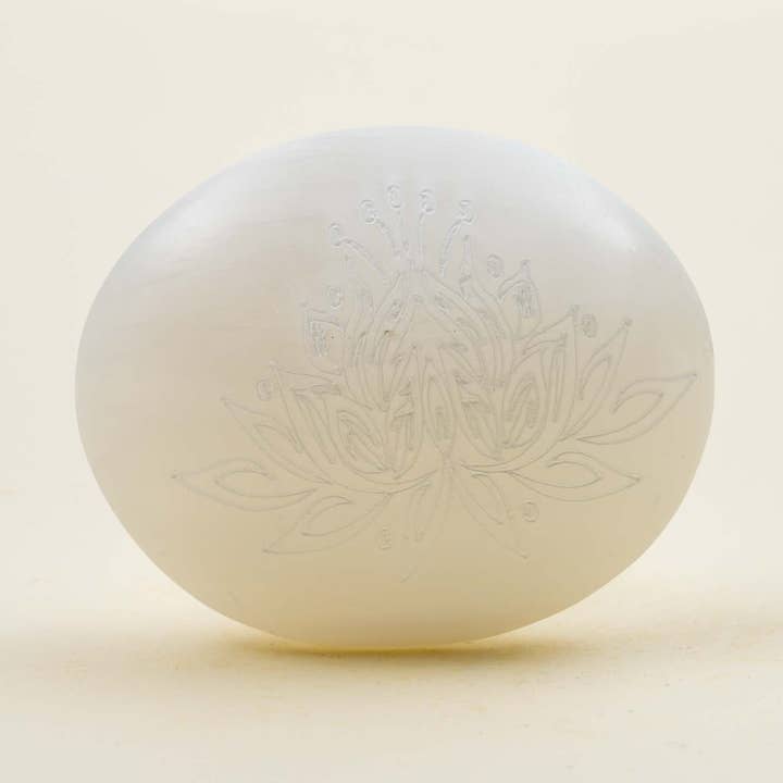 Blooming Lotus Selenite Palmstone for wholesale by Eat.Read.Love.Inc.