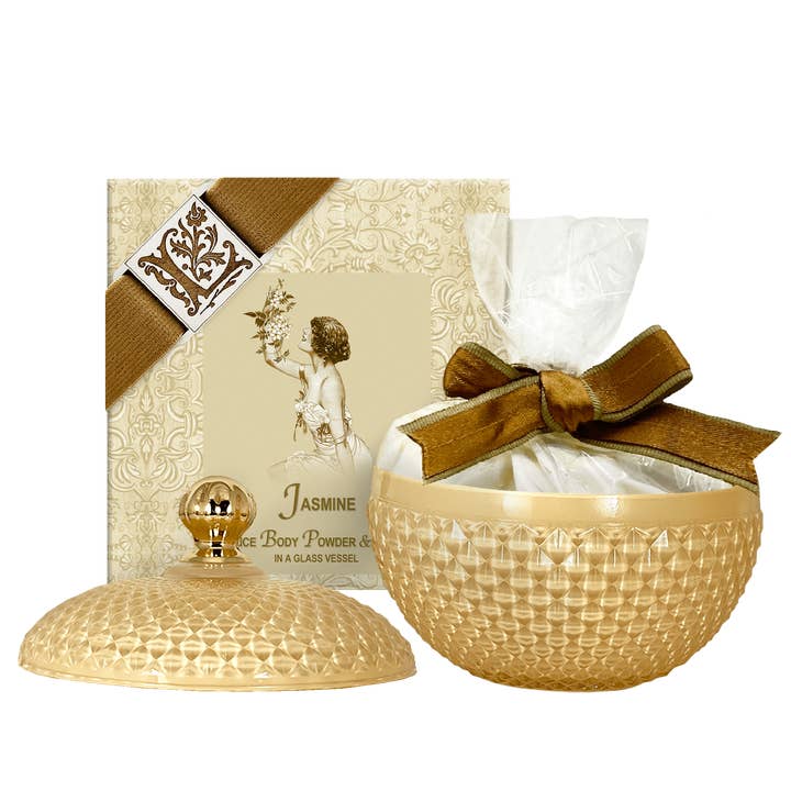 Jasmine Rice Body Powder 6oz & Glass vessel for wholesale by La Bouquetiere French Collections