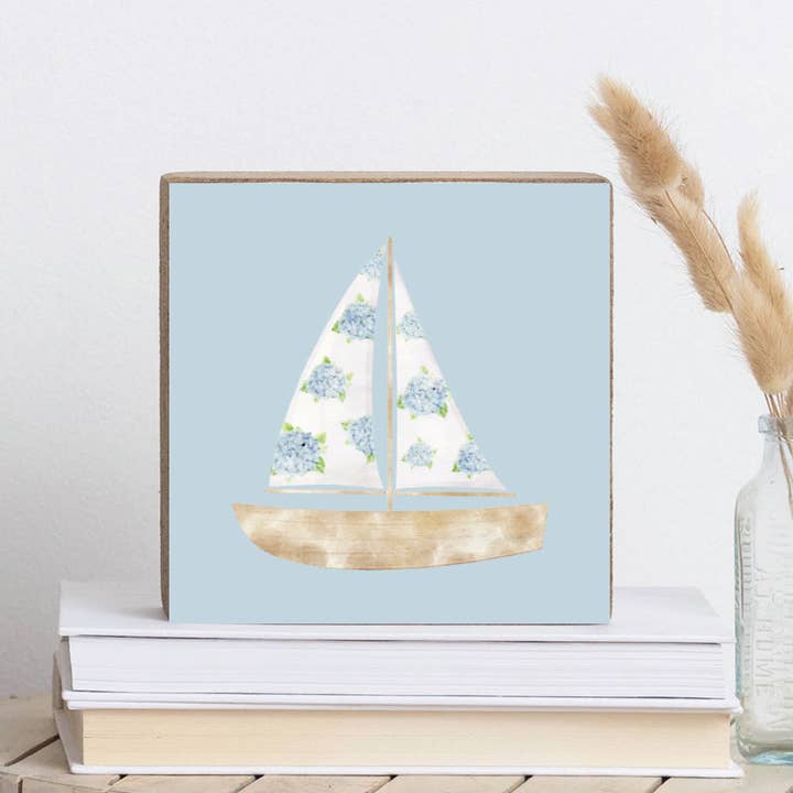 Hydrangea Sailboat Decorative Wooden Block for wholesale by Rustic Marlin