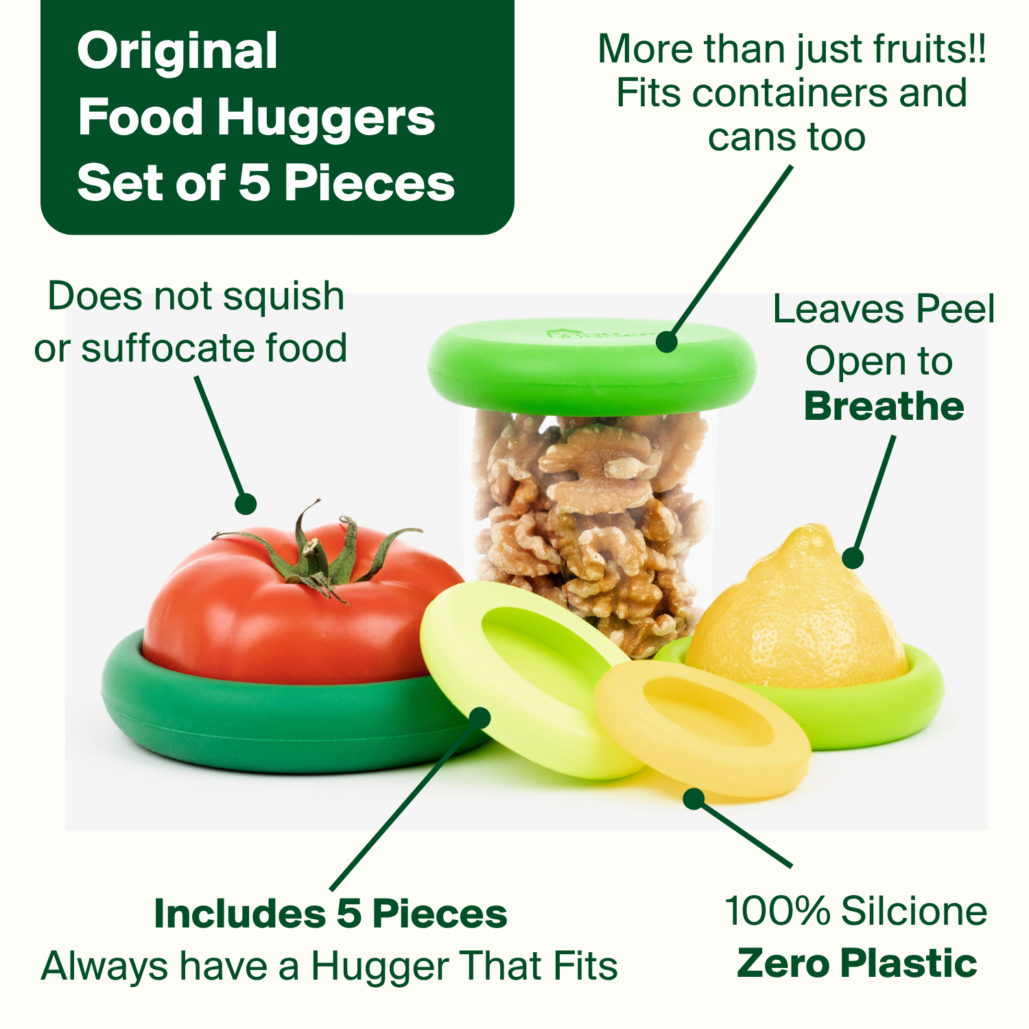 Food Huggers - Wholesale Food Storage Wrap/Bag - Reusable Silicone Food Savers – Fresh Green (Set of 5)10