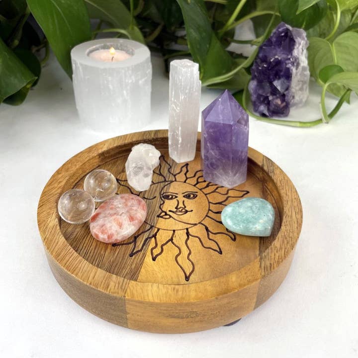 Rock Paradise - Wholesale Decorative Tray - Sun and Moon Wood Crystal Tray - Mango Wood 2 Sizes