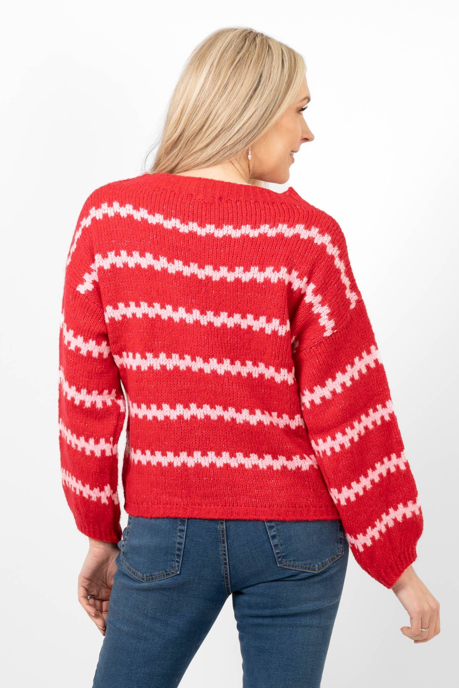Sarta - Wholesale Knit Sweater - Women's - Kennedy Wool Blend Jumper - Red/Pink, Wavy Stripe2