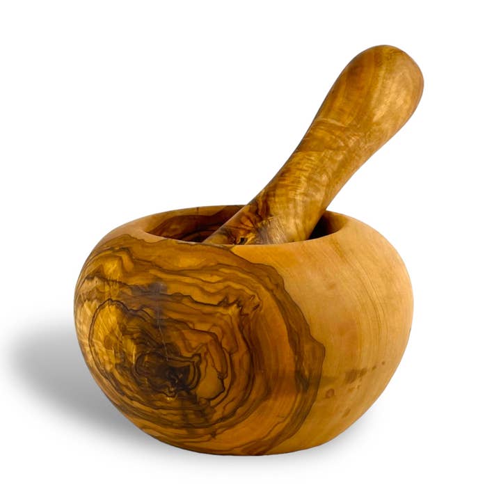 Olive Wood Mortar & Pestle (6"D x 3.5"H) for wholesale by Angel's Salumi & Truffles