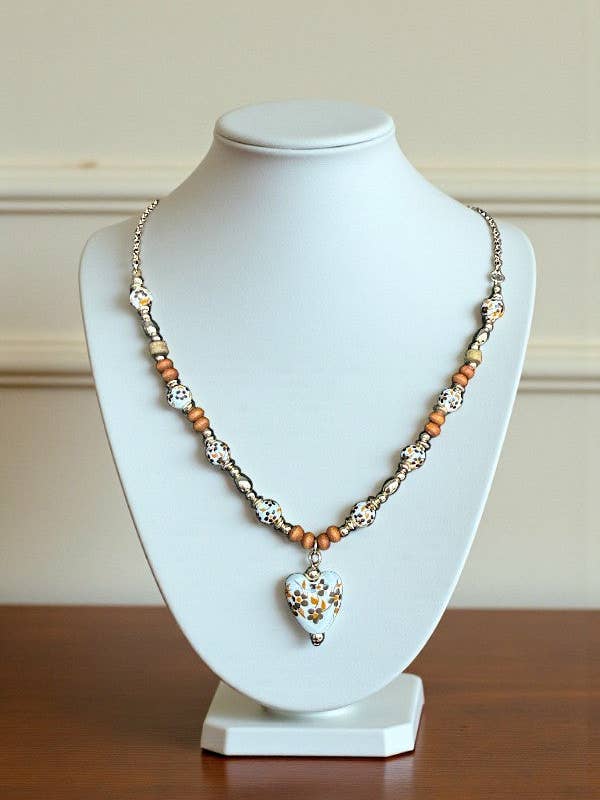 CERAMIC HEART PENDANT MIX BEAD NECKLACE for wholesale by Andrea Bijoux