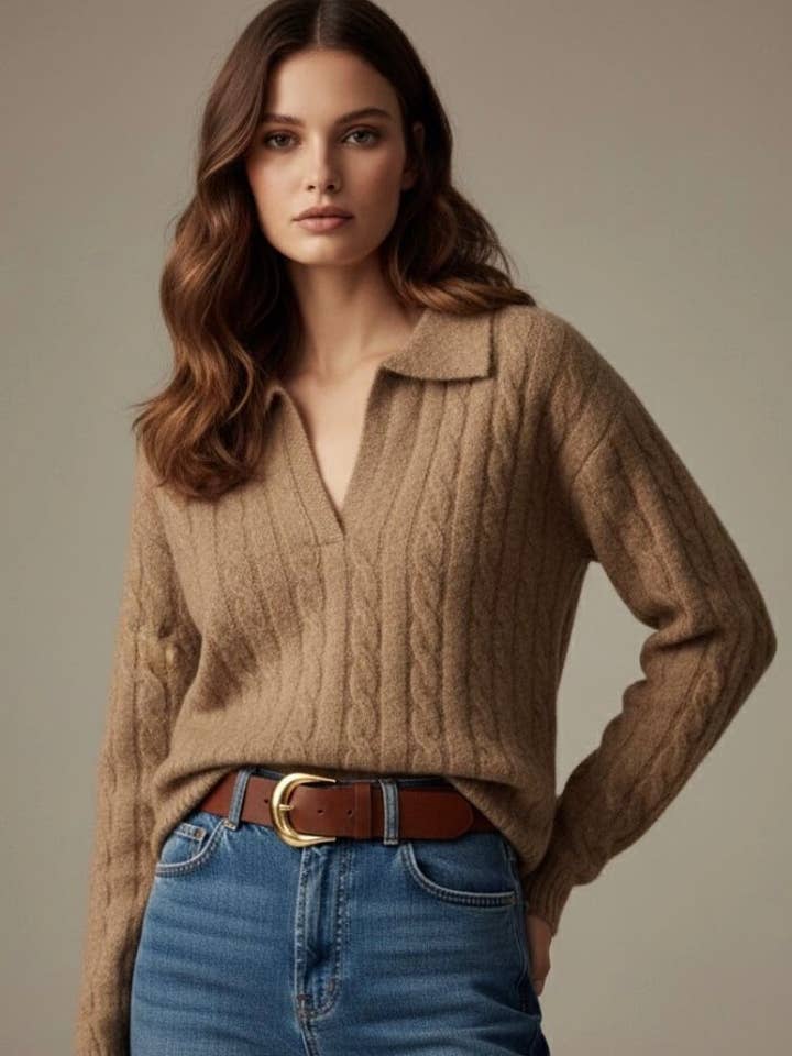 9203 Cable knit sweater with polo collar for wholesale by ESTHER.H PARIS