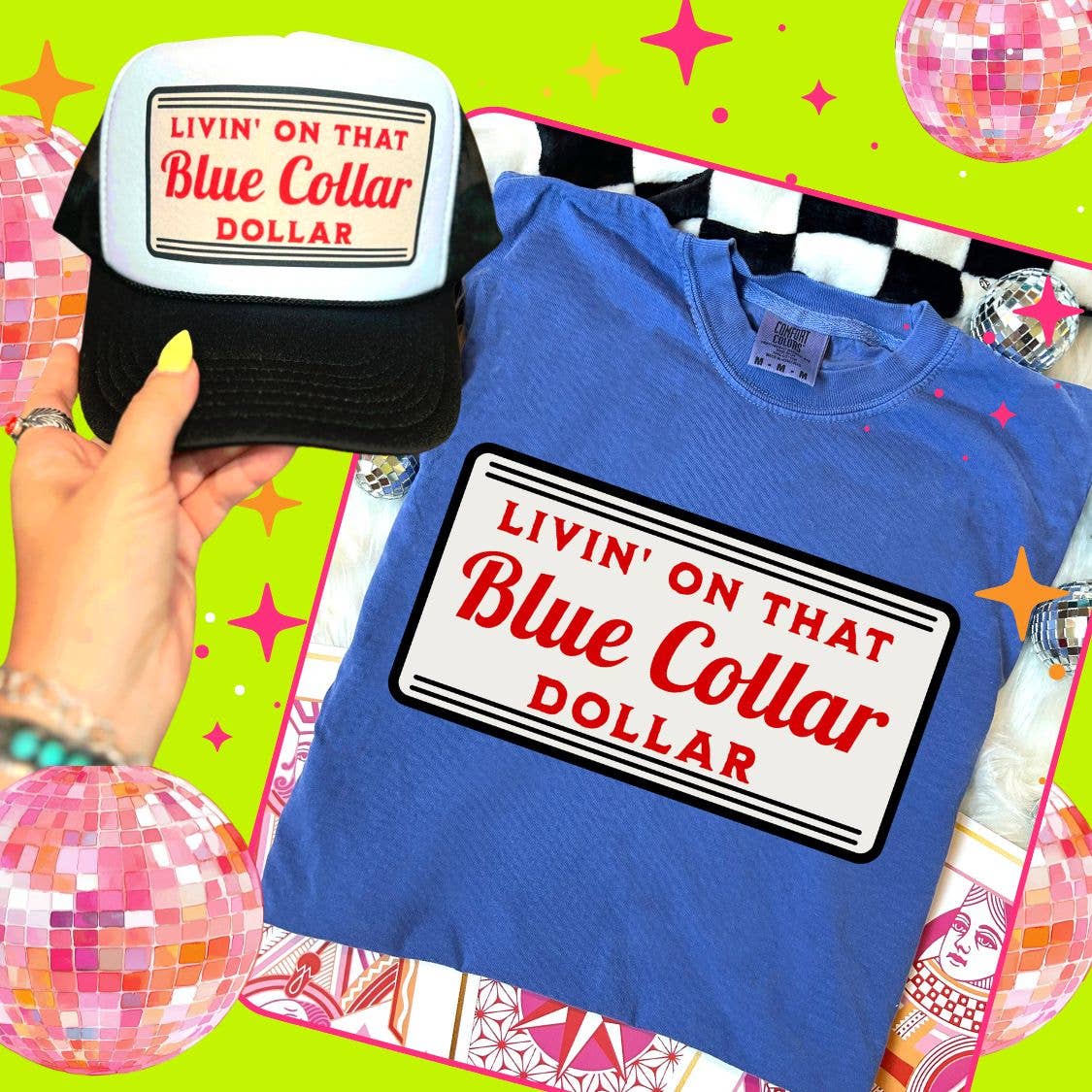 THE LATTIMORE CLAIM – Großhandel T-Shirt mit Siebdruck – Damen – Leben von diesem Blue Collar Dollar - COMFORT COLOR - Flo Blue1