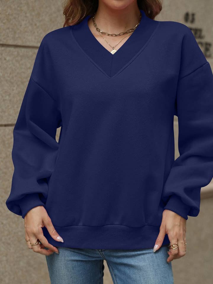 NINEXIS - Wholesale Blouse - Women's - CWTBLL4011_SOLID V-NECK FLEECE LINED LOOSE FIT SWEATSHIRT11