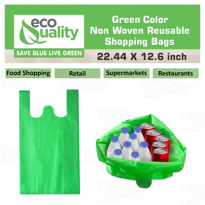EcoQuality - Wholesale Grocery/Shopping Bag - Non Woven Reusable Green T-Shirt Shopping Bags Large3